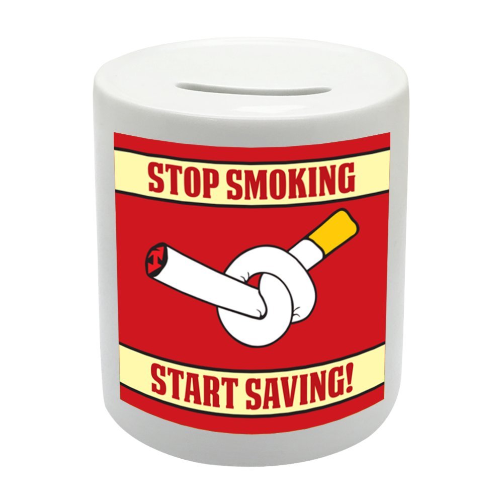 BS065 STOP SMOKING START SAVING Novelty Gift Printed Ceramic Piggy Bank Money Saving Box