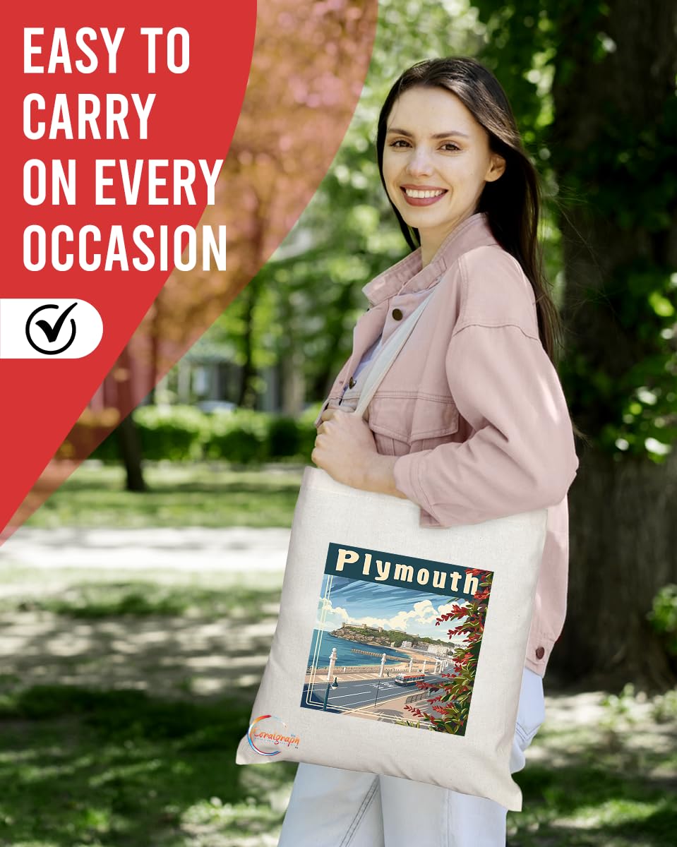 Natural Reusable Shopping Souvenir Tote Bag Featuring Cities and Landmarks in United Kingdom (Plymouth3)