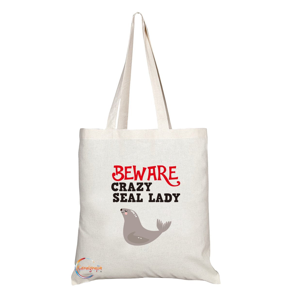 TB220 Beware Crazy Seal Lady Novelty Present Gift Printed Eco-Friendly Stylish Long Handled Tote Shoulder Bag