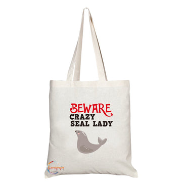 TB220 Beware Crazy Seal Lady Novelty Present Gift Printed Eco-Friendly Stylish Long Handled Tote Shoulder Bag