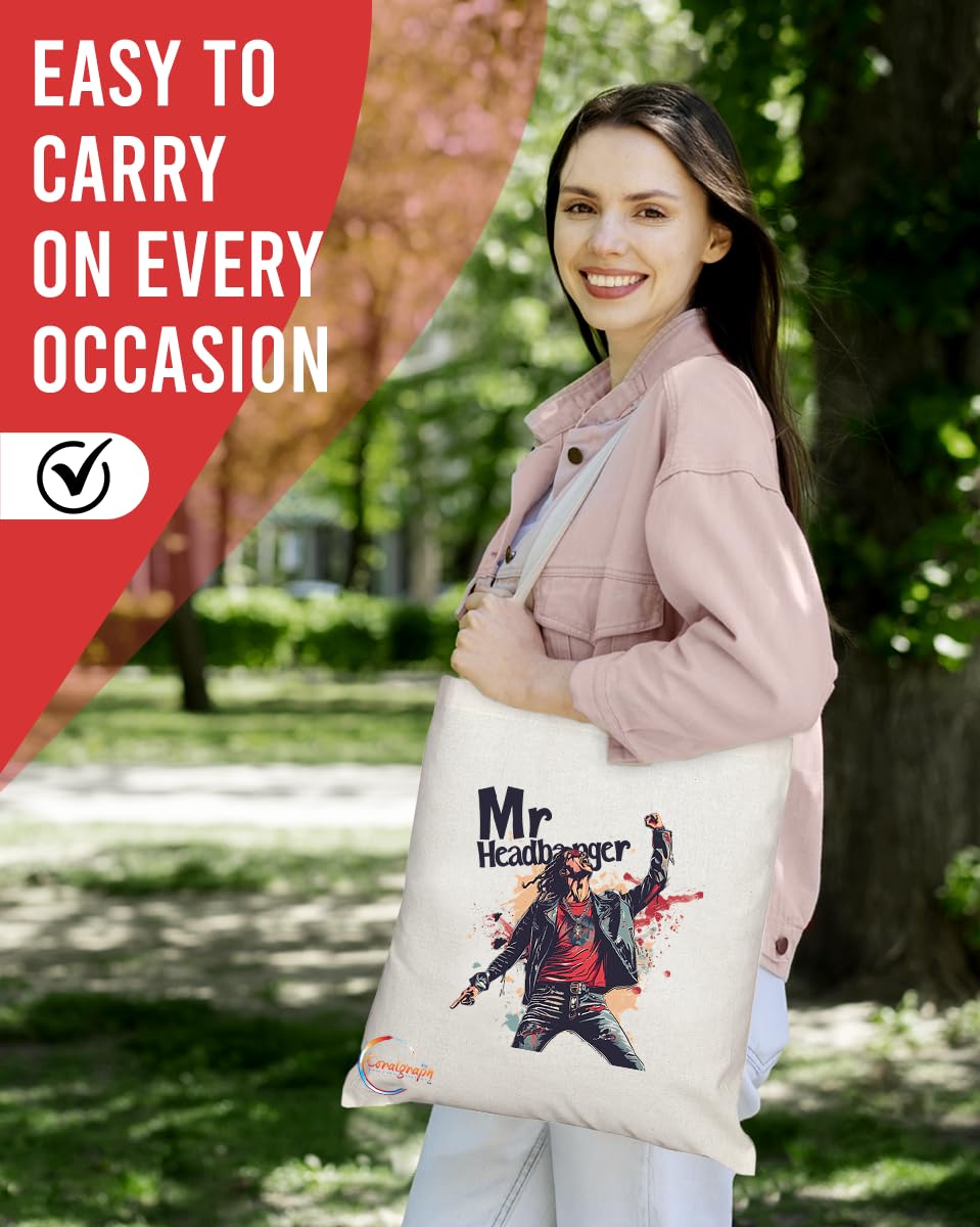 TB1722 Mr Headbanger Tote Bag - Great for Metalheads, Rock Music Fans, Headbangers - Sustainable, Stylish, Long Handled, Durable and Reusable