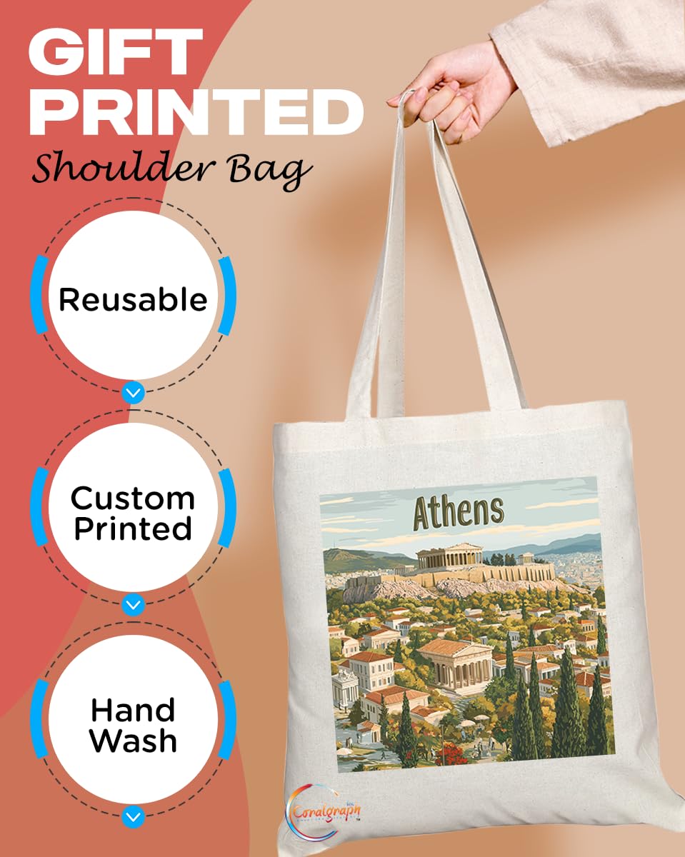Natural Reusable Shopping Souvenir Tote Bag Featuring Popular Cities and Capitals from Europe and Around the World (Athens)