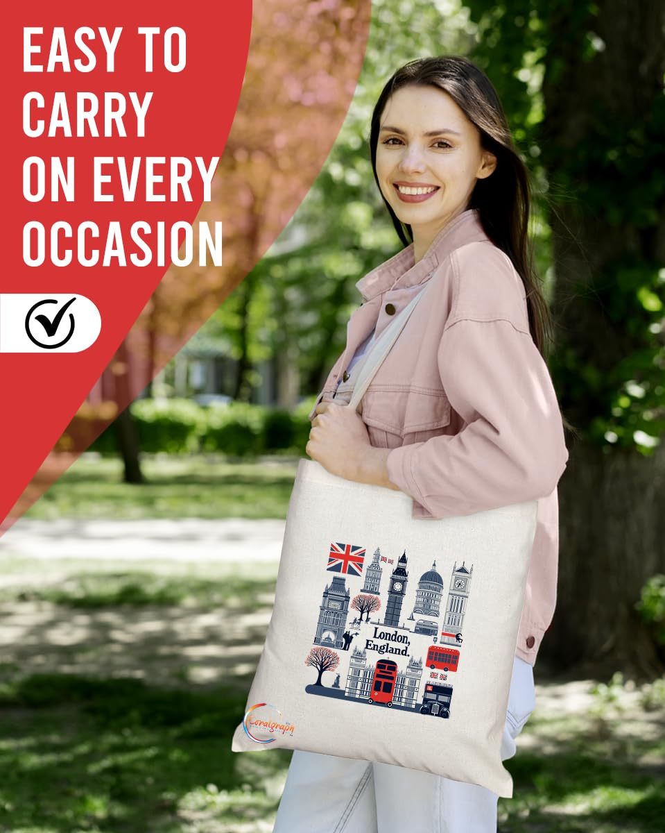 TB2050 - Natural Reusable Shopping Souvenir Tote Bag Featuring London - (Design 7)