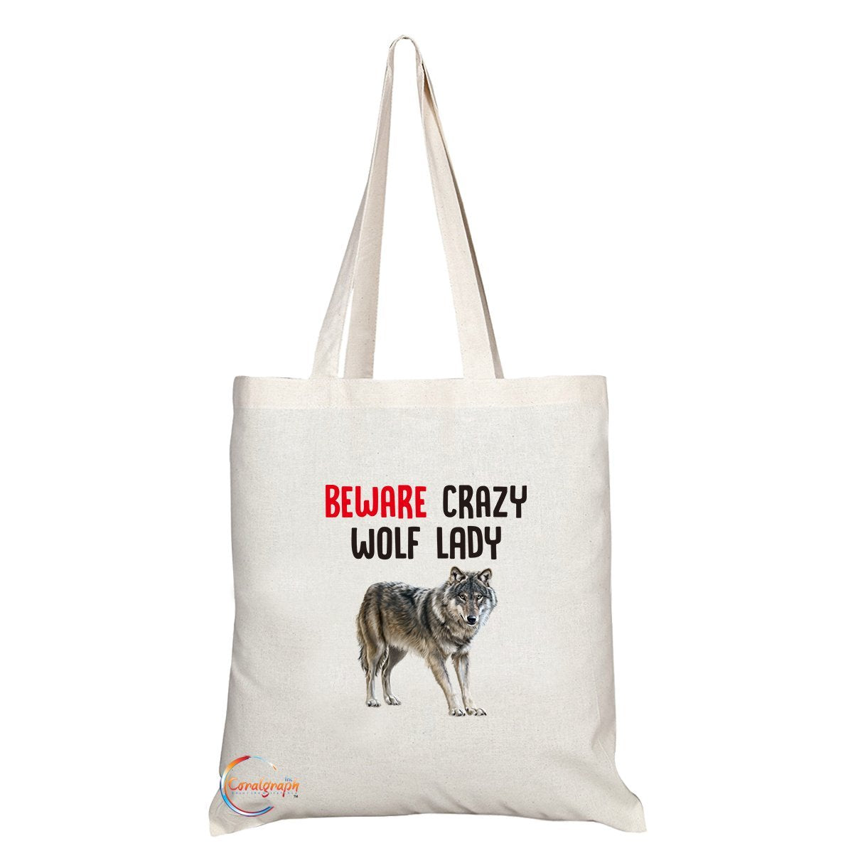 TB201 Beware Crazy Wolf Lady Novelty Present Gift Printed Eco-Friendly Stylish Long Handled Tote Shoulder Bag