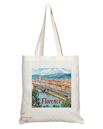 Natural Reusable Shopping Souvenir Tote Bag Featuring Popular Cities and Capitals from Europe and Around the World (Florence)