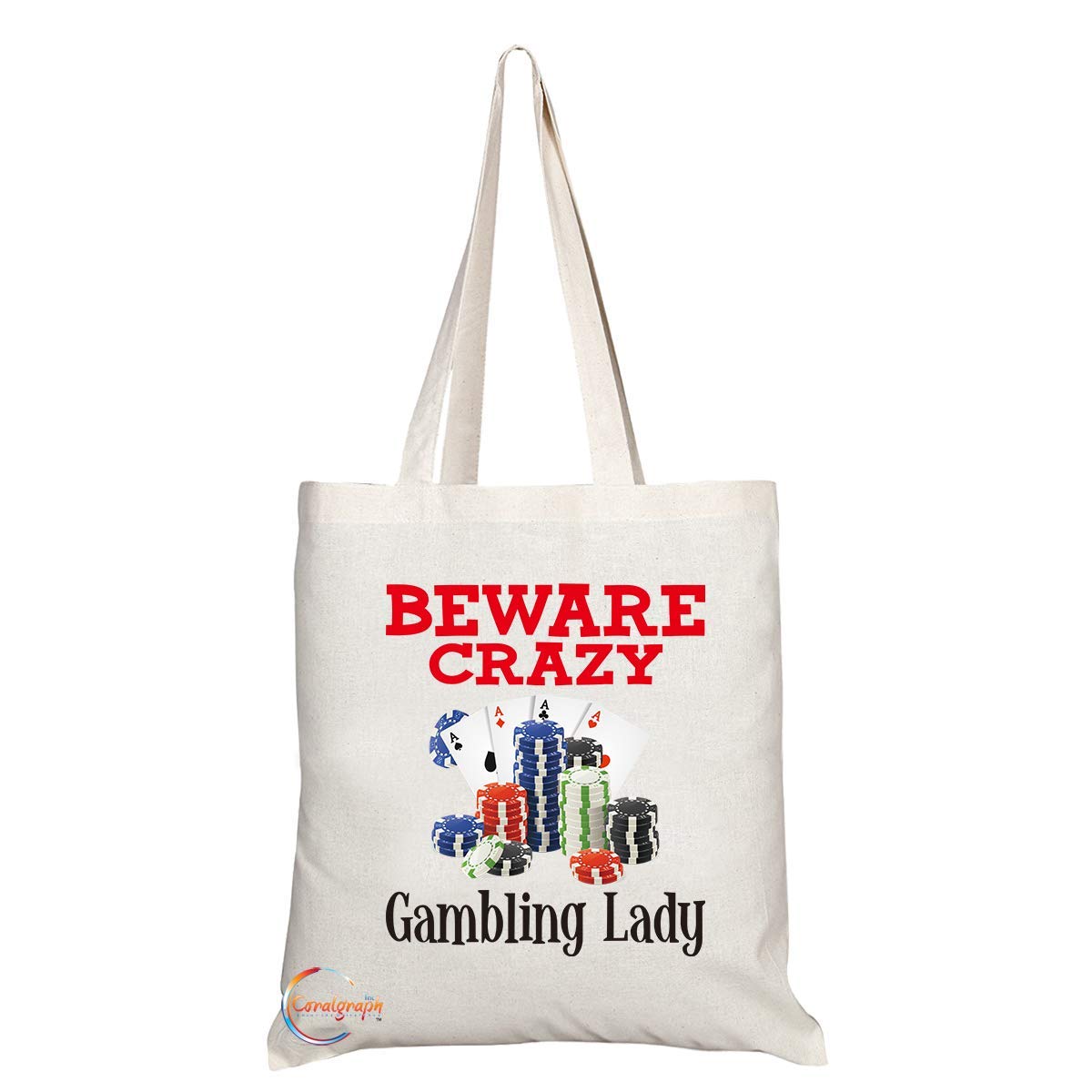 TB356 Beware Crazy Gambling Lady Novelty Present Gift Printed Eco-Friendly Stylish Long Handled Tote Shoulder Bag