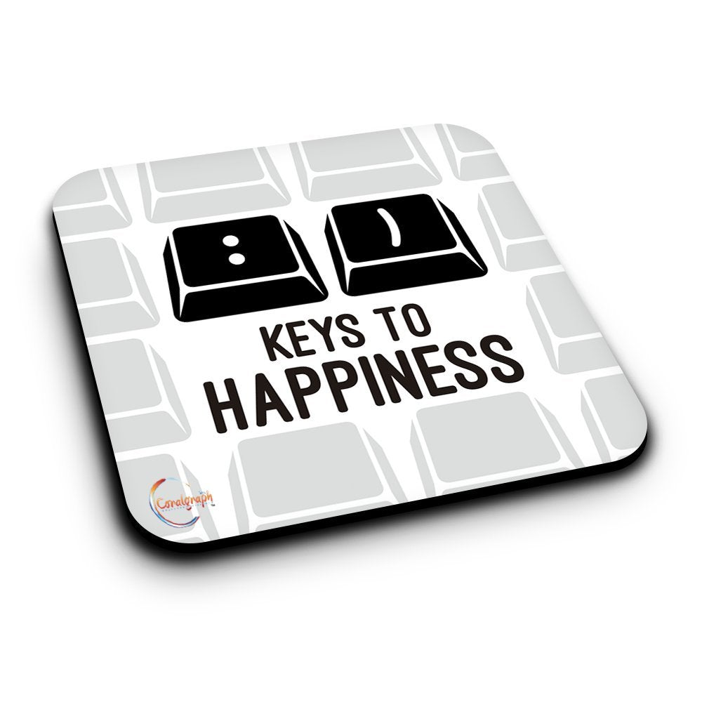 ER392 Very Funny - Keys To Happiness Novelty Present Gift Printed MDF Wooden Coaster