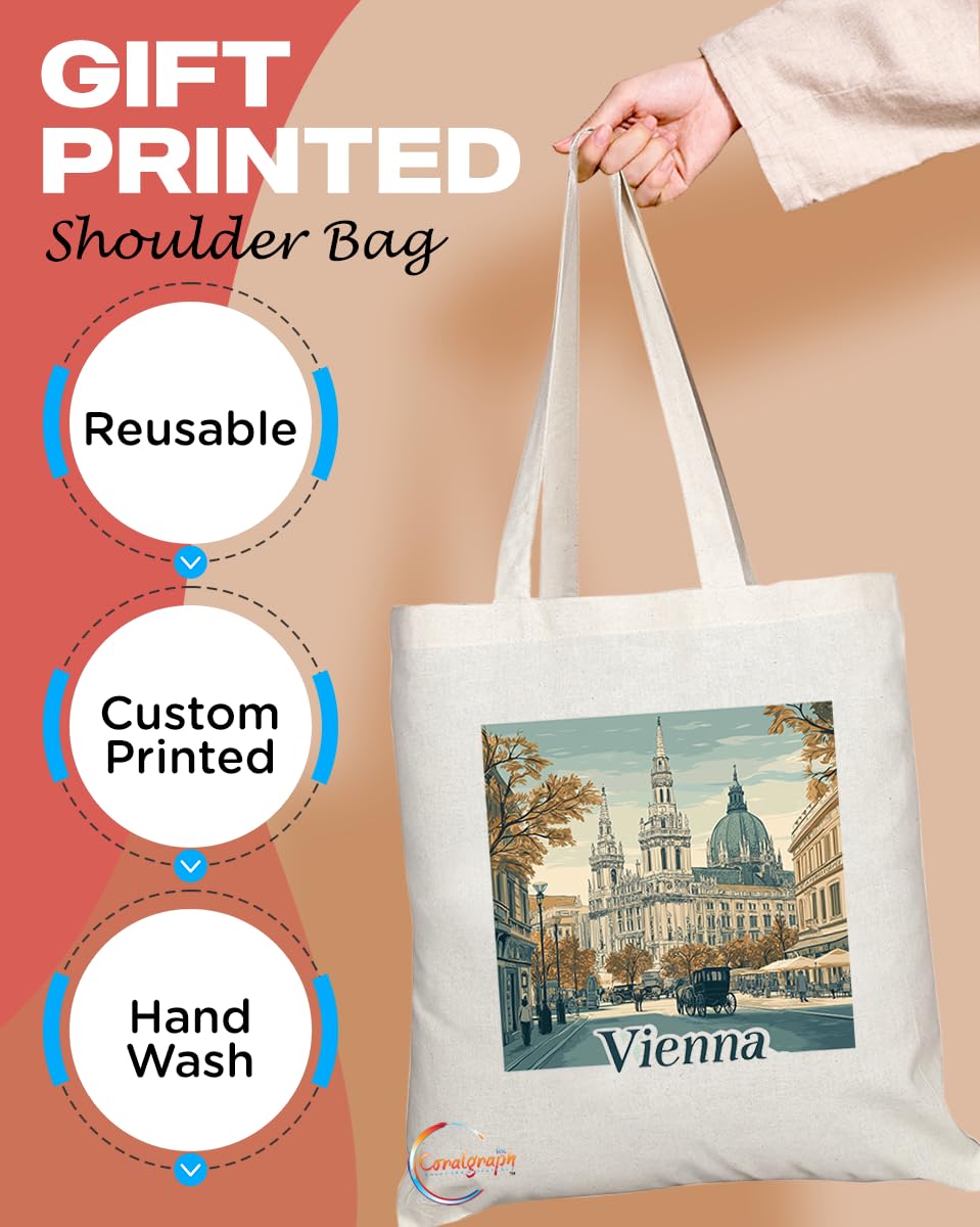 Natural Reusable Shopping Souvenir Tote Bag Featuring Popular Cities and Capitals from Europe and Around the World (Vienna)