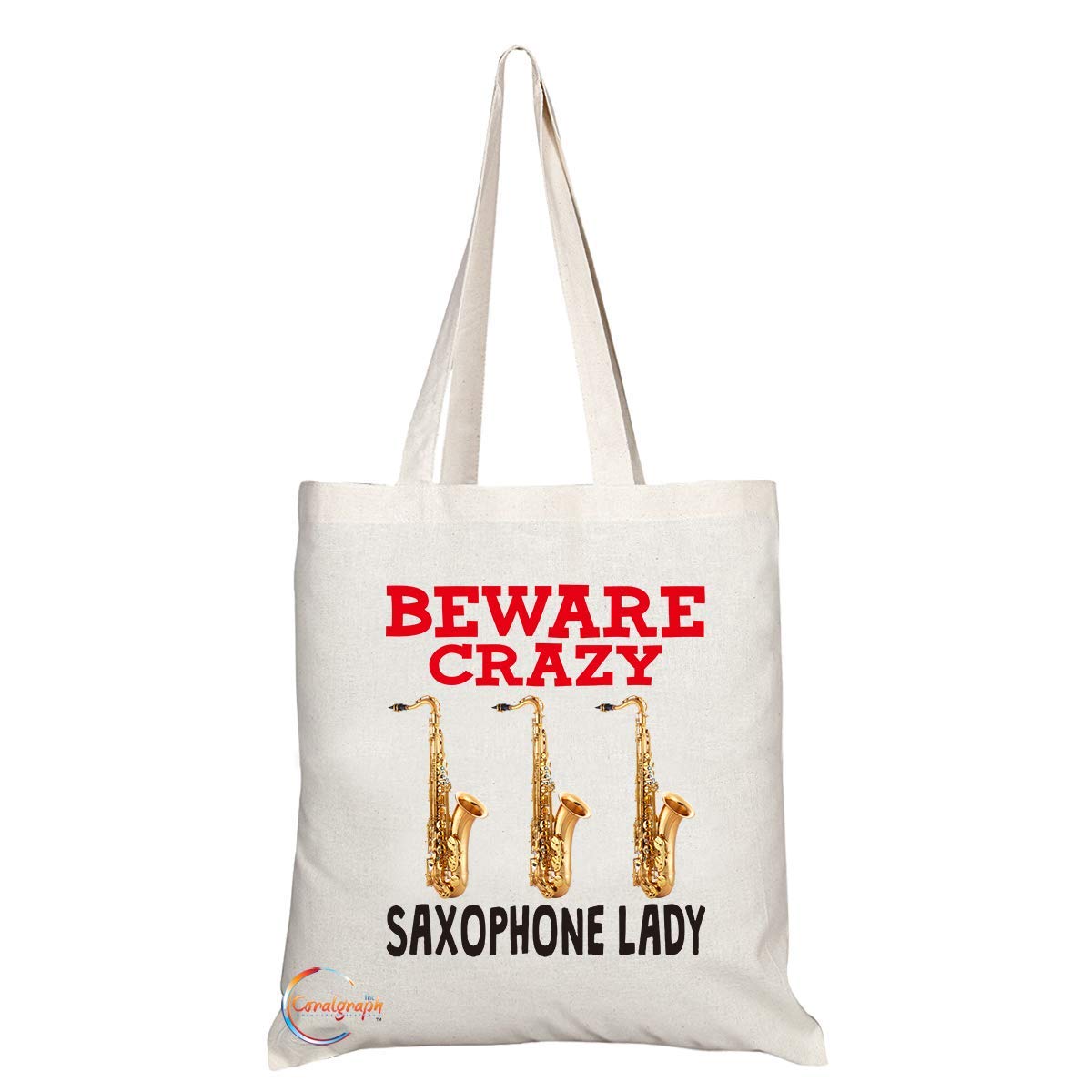 TB342 Beware Crazy Saxophone Lady Novelty Present Gift Printed Eco-Friendly Stylish Long Handled Tote Shoulder Bag