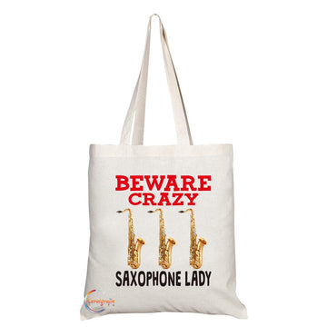 TB342 Beware Crazy Saxophone Lady Novelty Present Gift Printed Eco-Friendly Stylish Long Handled Tote Shoulder Bag