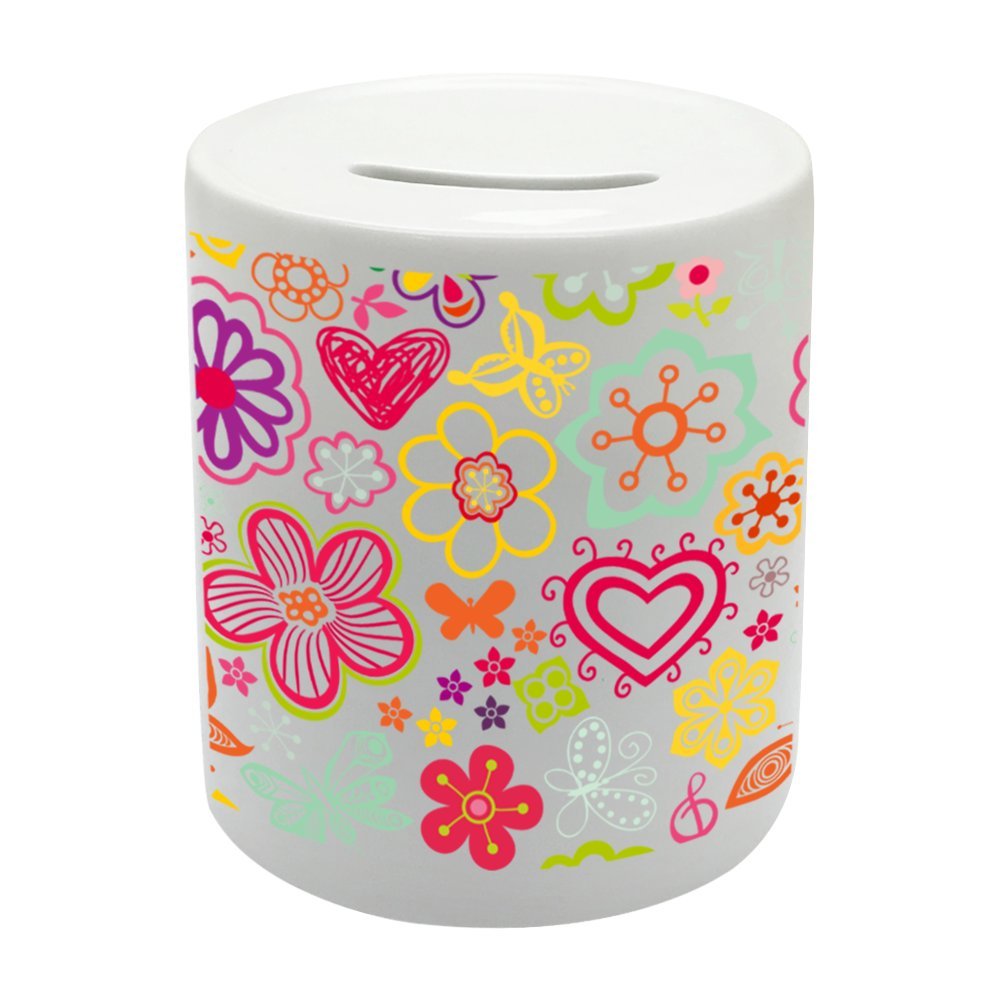 BS083 FLORAL ILLUSTRATION Novelty Gift Printed Ceramic Piggy Bank Money Saving Box
