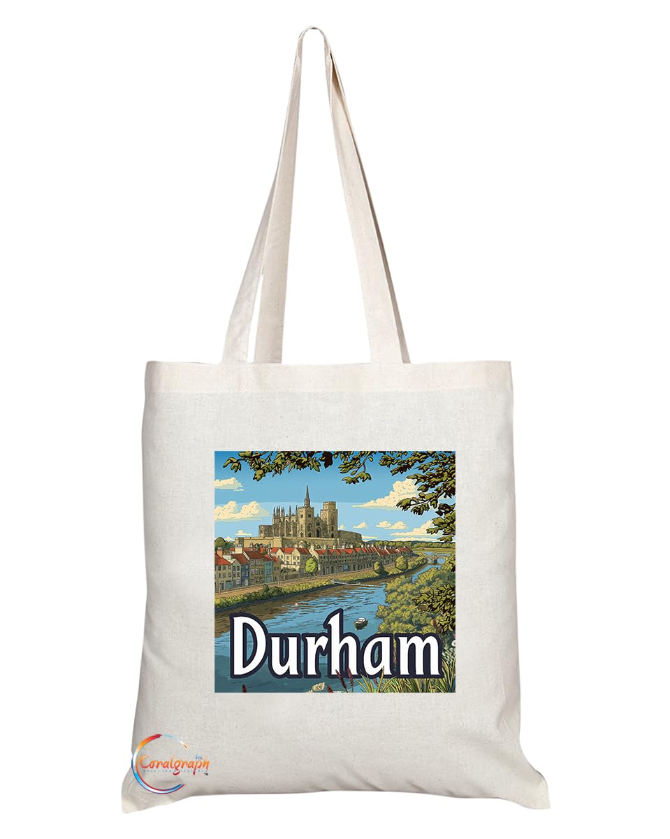 Natural Reusable Shopping Souvenir Tote Bag Featuring Cities and Landmarks in United Kingdom (Durham)