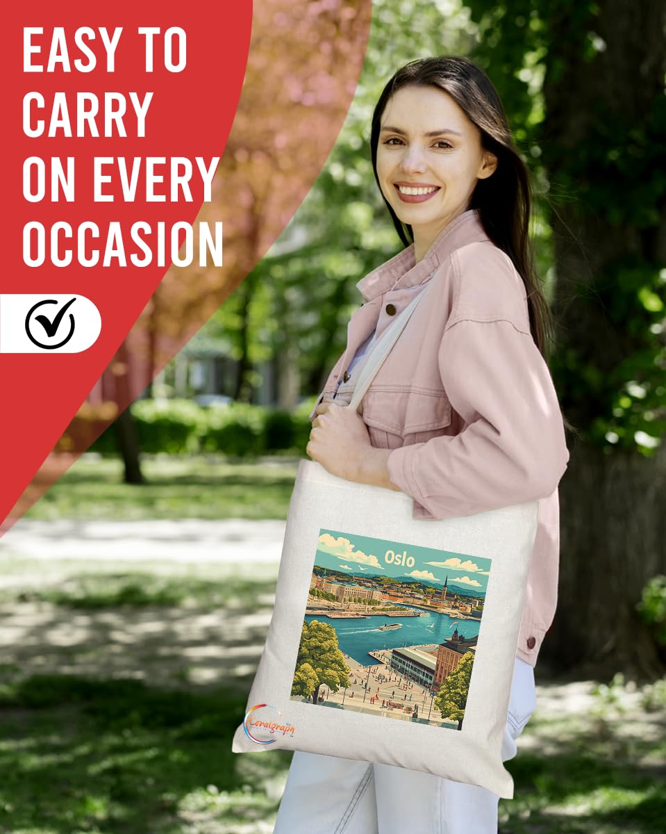 Natural Reusable Shopping Souvenir Tote Bag Featuring Popular Cities and Capitals from Europe and Around the World (Oslo)