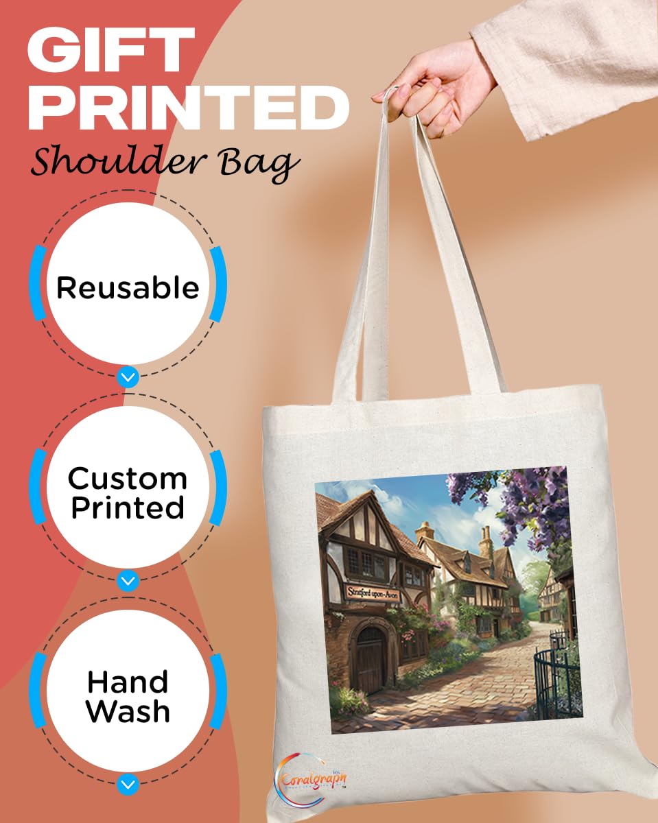 Natural Reusable Shopping Souvenir Tote Bag Featuring Cities and Landmarks in United Kingdom (Stratford Upon Avon)