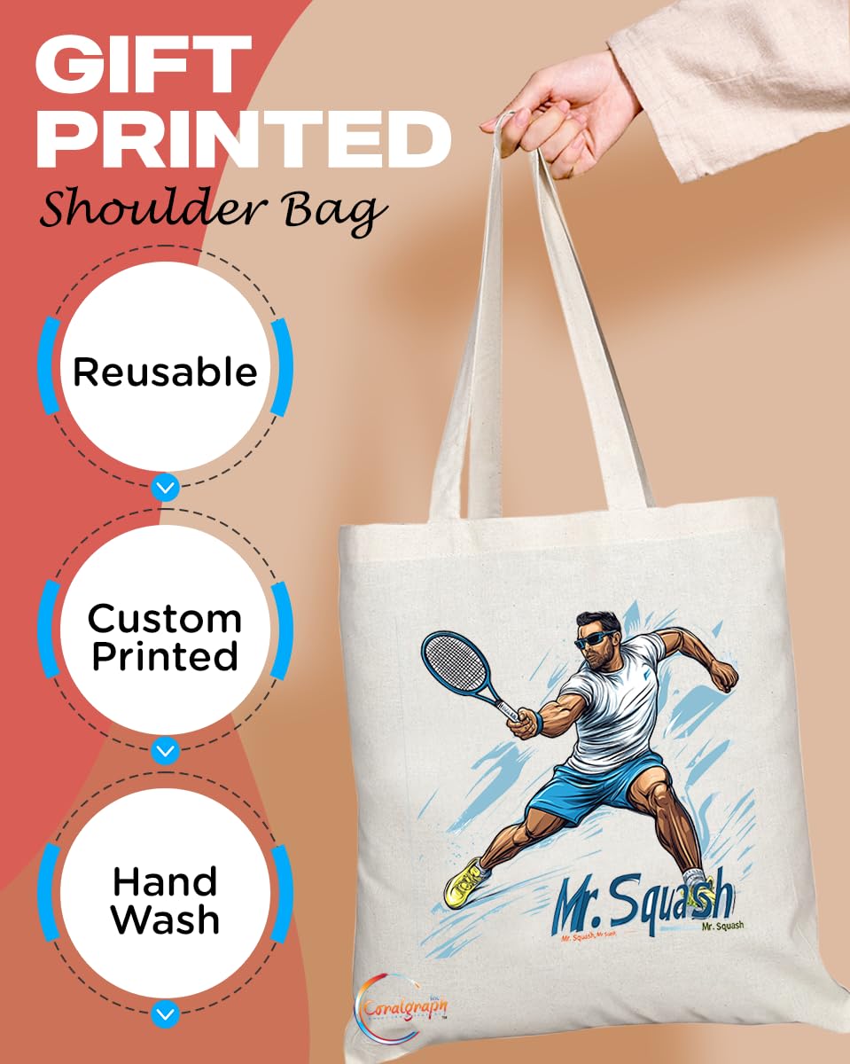 Natural Reusable Shopping Souvenir Tote Bag Featuring Popular Sports Designs from Around the World (Squash)