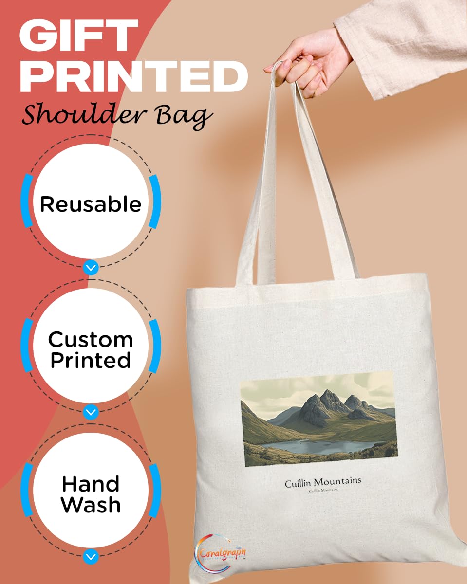 Natural Reusable Shopping Souvenir Tote Bag Featuring Cities and Landmarks in United Kingdom (Cuillin Mountains)