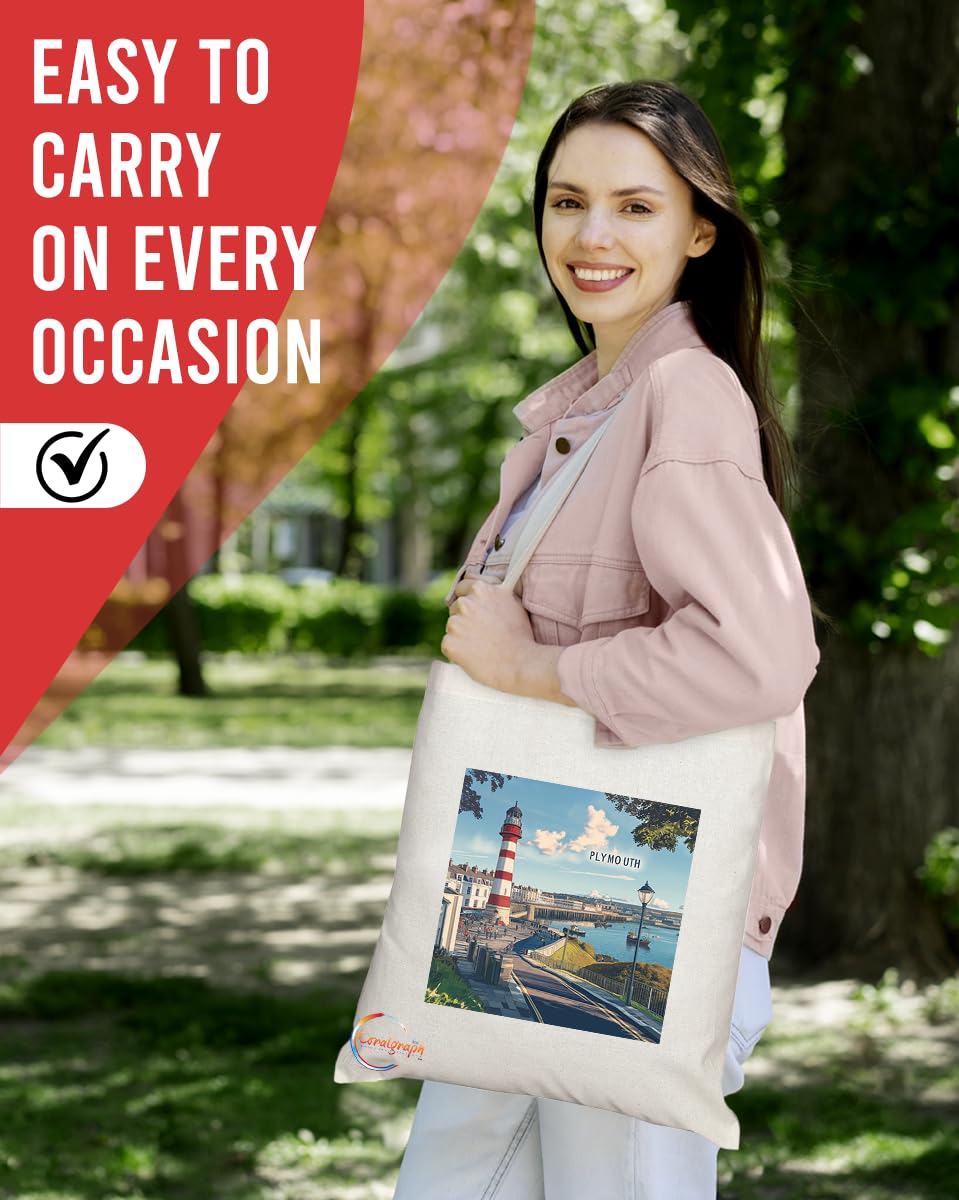 Natural Reusable Shopping Souvenir Tote Bag Featuring Cities and Landmarks in United Kingdom (Plymouth2)