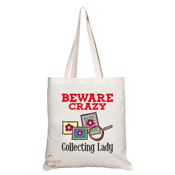 TB358 Beware Crazy Collecting Lady Novelty Present Gift Printed Eco-Friendly Stylish Long Handled Tote Shoulder Bag