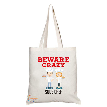 TB404 Beware Crazy Sous Chef Novelty Present Gift Printed Eco-Friendly Stylish Long Handled Tote Shoulder Bag