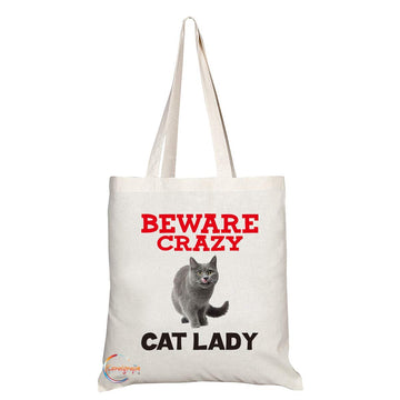 TB398 Beware Crazy Cat Lady Novelty Present Gift Printed Eco-Friendly Stylish Long Handled Tote Shoulder Bag