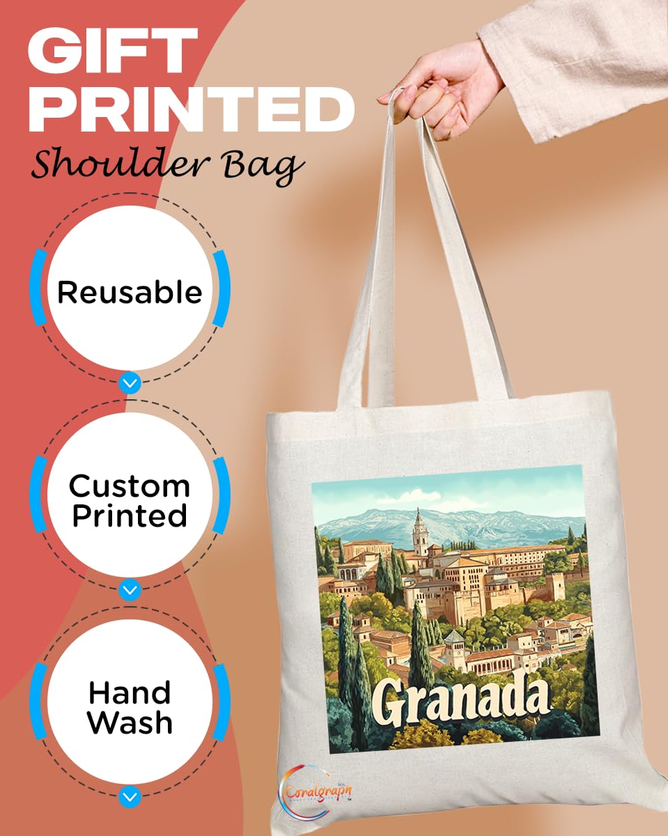 Natural Reusable Shopping Souvenir Tote Bag Featuring Popular Cities and Capitals from Europe and Around the World (Granada)