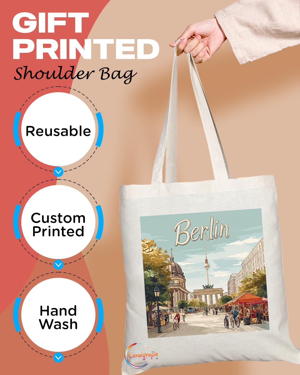 Natural Reusable Shopping Souvenir Tote Bag Featuring Popular Cities and Capitals from Europe and Around the World (Berlin)