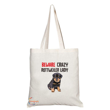 TB226 Beware Crazy Rottweiler Lady Novelty Present Gift Printed Eco-Friendly Stylish Long Handled Tote Shoulder Bag