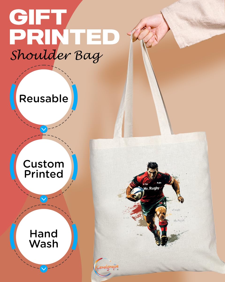 Natural Reusable Shopping Souvenir Tote Bag Featuring Popular Sports Designs from Around the World (Rugby)