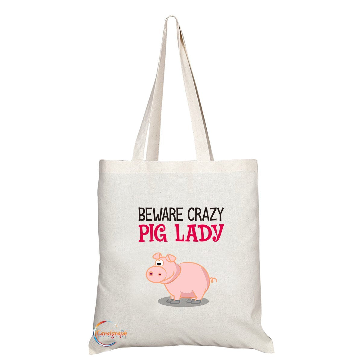 TB233 Beware Crazy Pig Lady Novelty Present Gift Printed Eco-Friendly Stylish Long Handled Tote Shoulder Bag