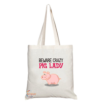 TB233 Beware Crazy Pig Lady Novelty Present Gift Printed Eco-Friendly Stylish Long Handled Tote Shoulder Bag