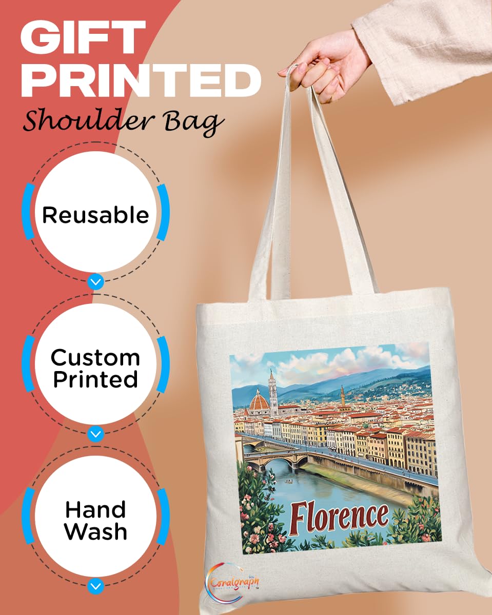 Natural Reusable Shopping Souvenir Tote Bag Featuring Popular Cities and Capitals from Europe and Around the World (Florence)