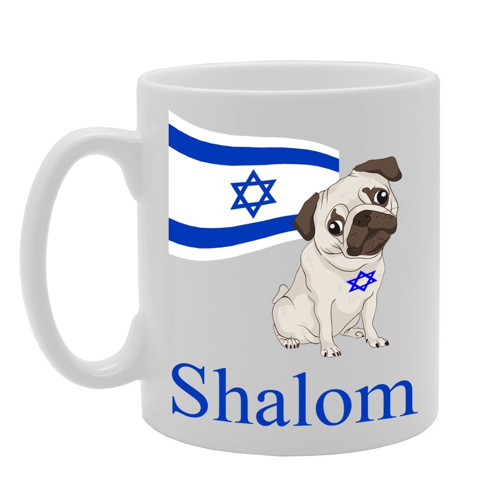 Shalom Pug With Israeli Flag   Printed Tea Coffee Ceramic  Mg466 - Funny Printed Coffee Mug - Great Gift Idea