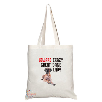 TB265 Beware Crazy Great Dane Lady Novelty Present Gift Printed Eco-Friendly Stylish Long Handled Tote Shoulder Bag