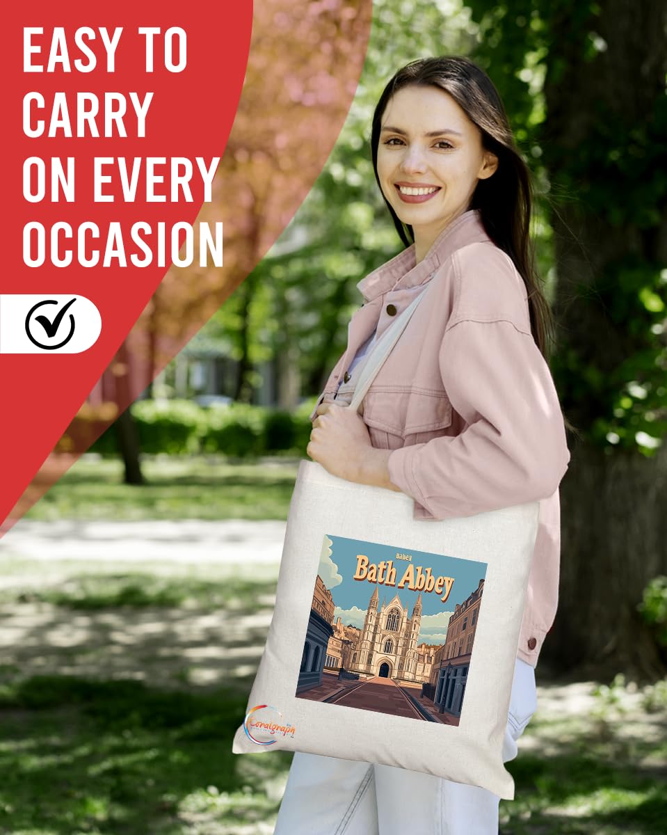 Natural Reusable Shopping Souvenir Tote Bag Featuring Cities and Landmarks in United Kingdom (Bath Abbey)