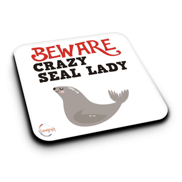 ER420 Beware Crazy Seal Lady Novelty Present Gift Printed MDF Wooden Coaster