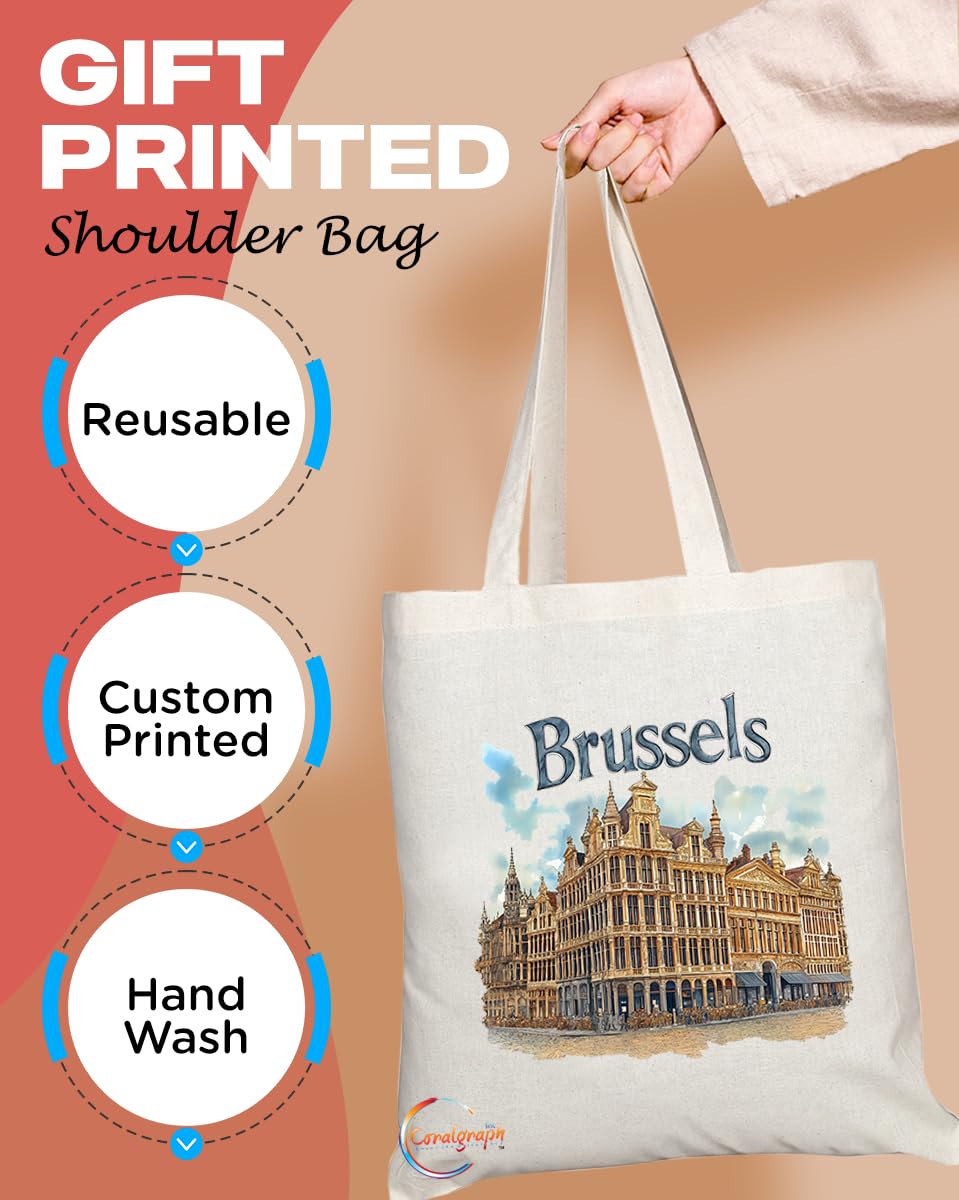 Natural Reusable Shopping Souvenir Tote Bag Featuring Popular Cities and Capitals from Europe and Around the World (Brussels)