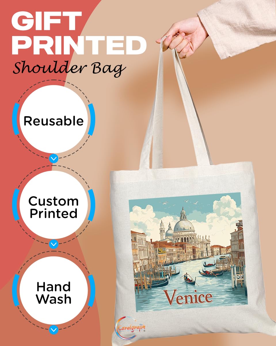 Natural Reusable Shopping Souvenir Tote Bag Featuring Popular Cities and Capitals from Europe and Around the World (Venice)