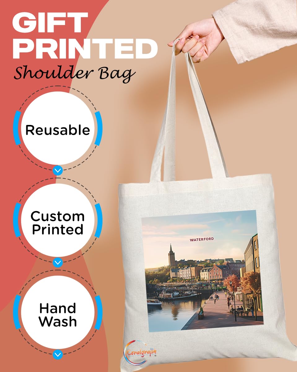 Natural Reusable Shopping Souvenir Tote Bag Featuring Cities and Landmarks in United Kingdom (Waterford)