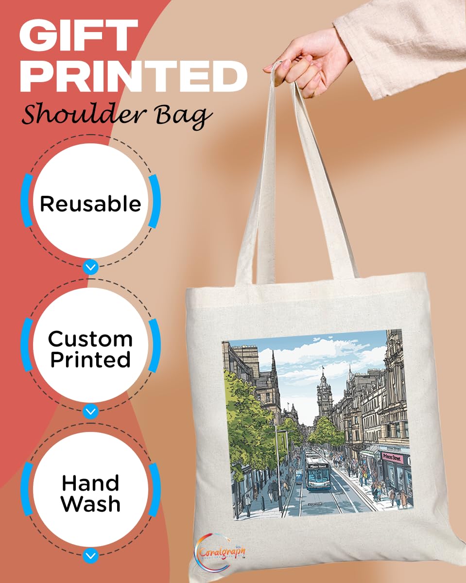 Natural Reusable Shopping Souvenir Tote Bag Featuring Cities and Landmarks in United Kingdom (Edinburgh Princes Street)