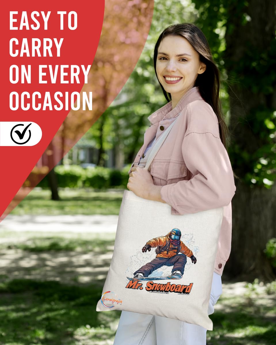 Natural Reusable Shopping Souvenir Tote Bag Featuring Popular Sports Designs from Around the World (Snowboard)