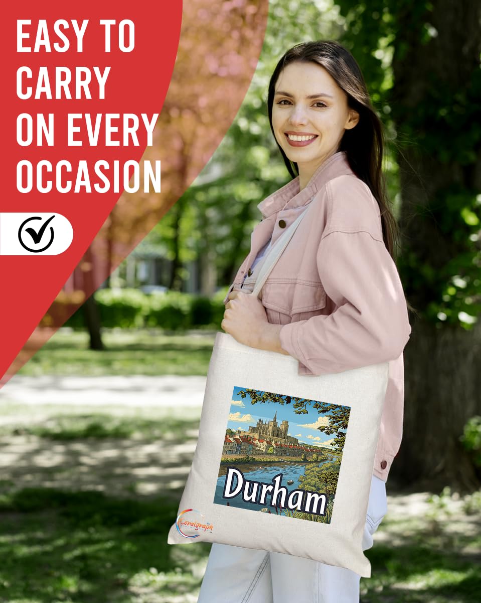 Natural Reusable Shopping Souvenir Tote Bag Featuring Cities and Landmarks in United Kingdom (Durham)