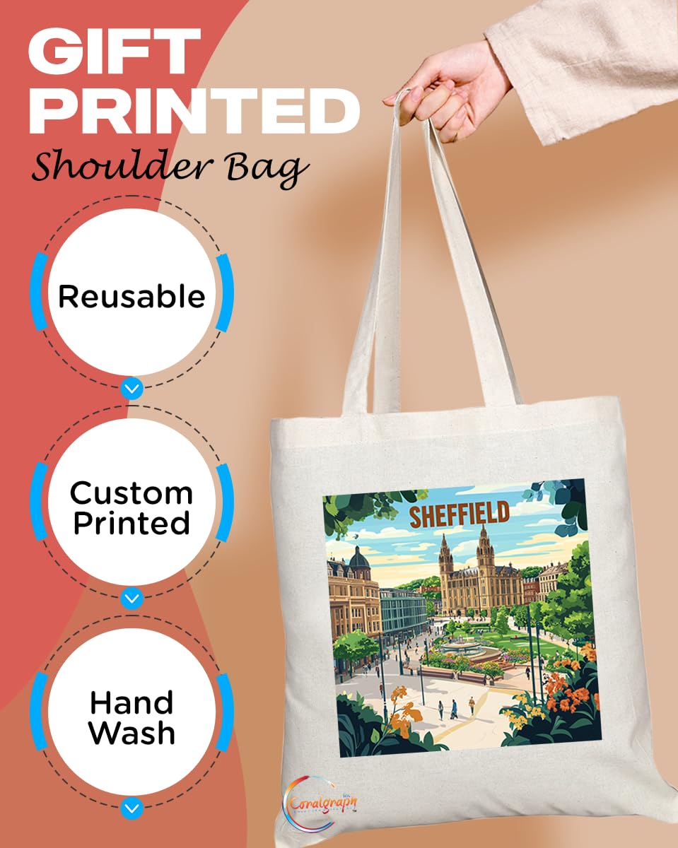 Natural Reusable Shopping Souvenir Tote Bag Featuring Cities and Landmarks in United Kingdom (Sheffield2)