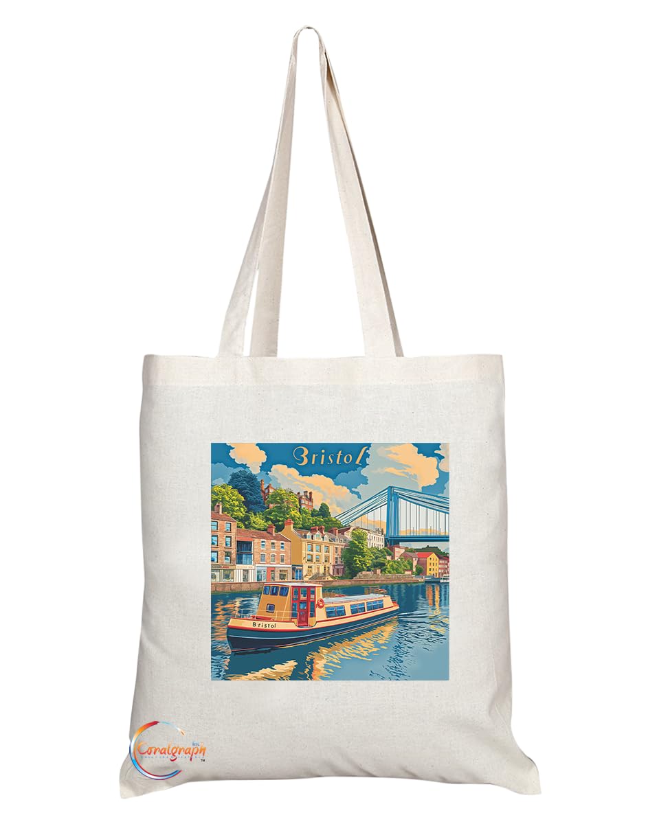 Natural Reusable Shopping Souvenir Tote Bag Featuring Cities and Landmarks in United Kingdom (Bristol City)