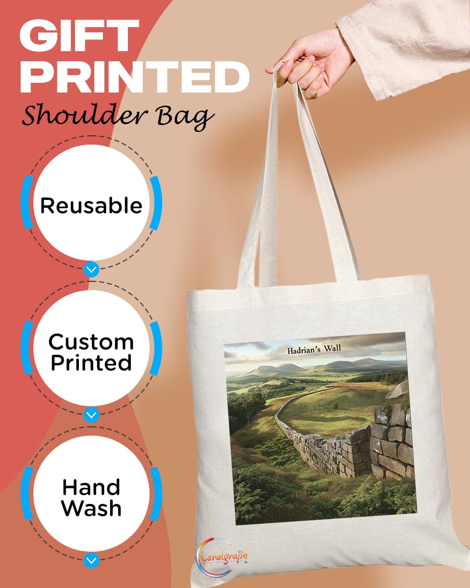 Natural Reusable Shopping Souvenir Tote Bag Featuring Cities and Landmarks in United Kingdom (Hadrian's Wall)