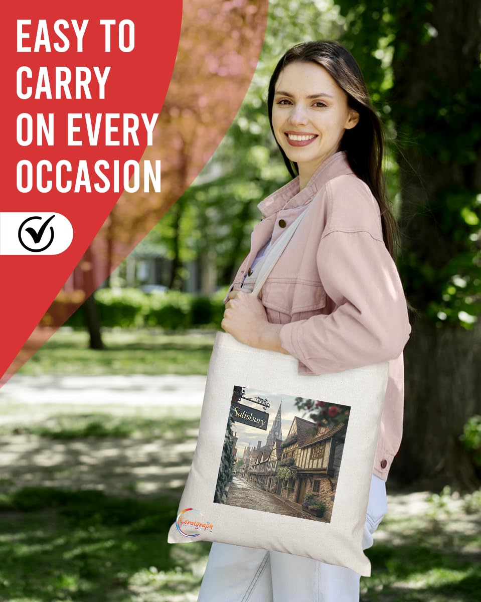Natural Reusable Shopping Souvenir Tote Bag Featuring Cities and Landmarks in United Kingdom (Salisbury)