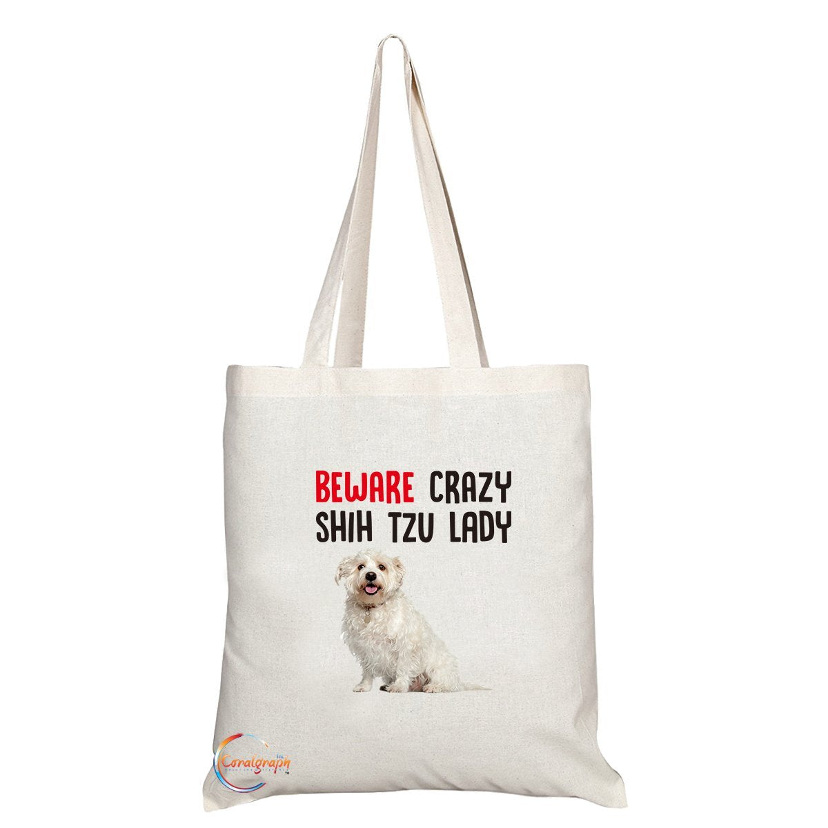 TB218 Beware Crazy Shih Tzu Lady Novelty Present Gift Printed Eco-Friendly Stylish Long Handled Tote Shoulder Bag
