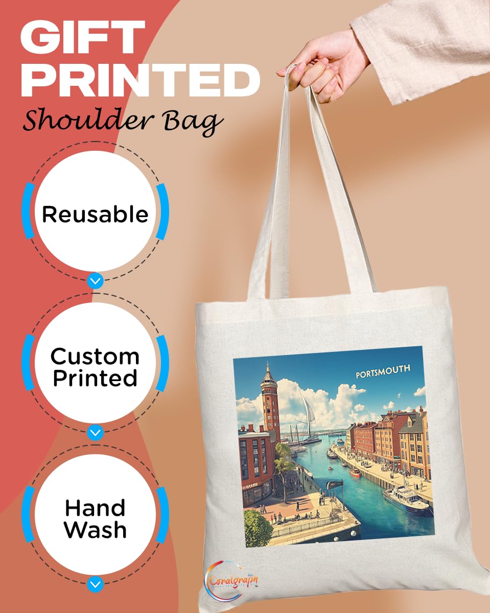 Natural Reusable Shopping Souvenir Tote Bag Featuring Cities and Landmarks in United Kingdom (Portsmouth)