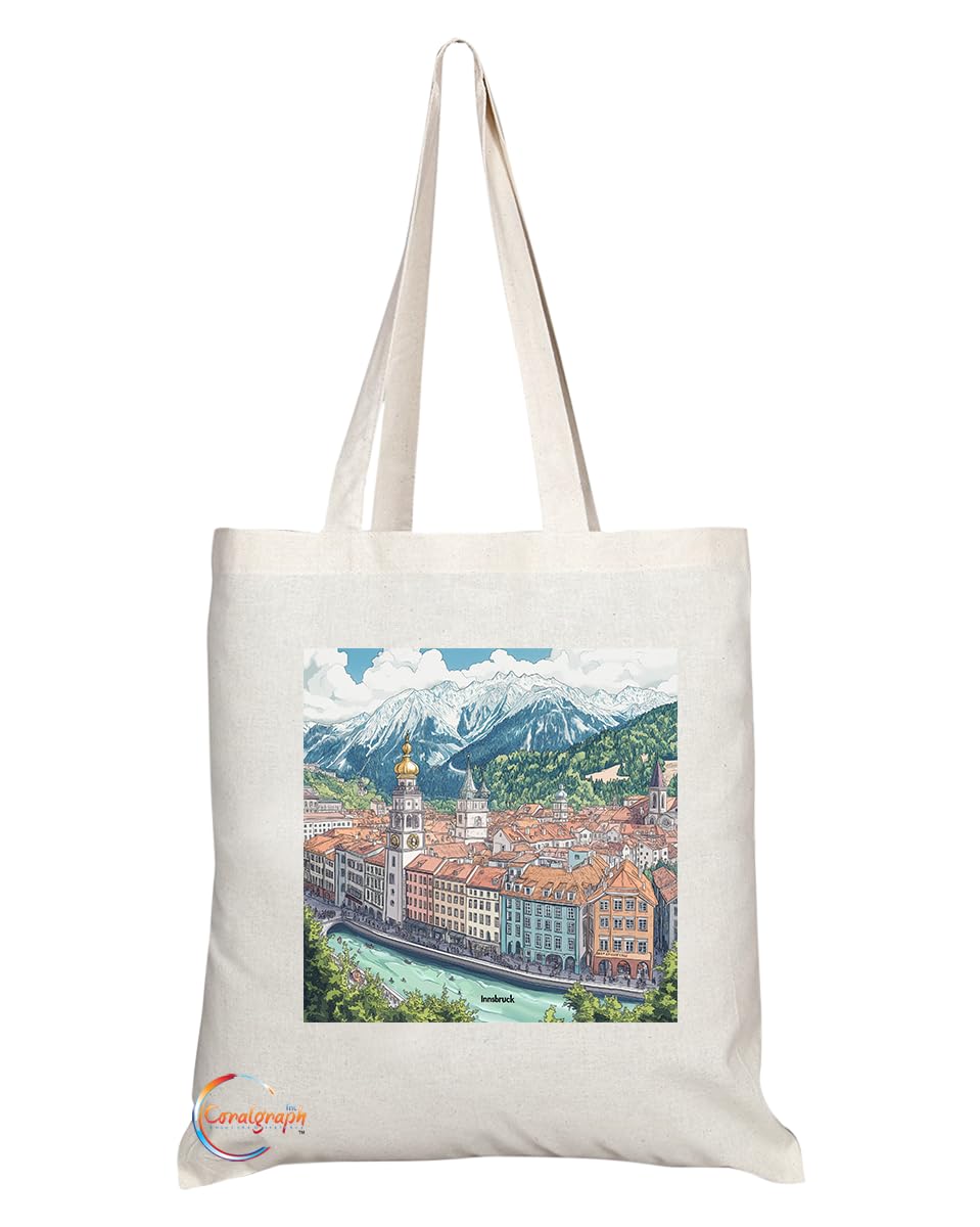 Natural Reusable Shopping Souvenir Tote Bag Featuring Popular Cities and Capitals from Europe and Around the World (Innsbruck)