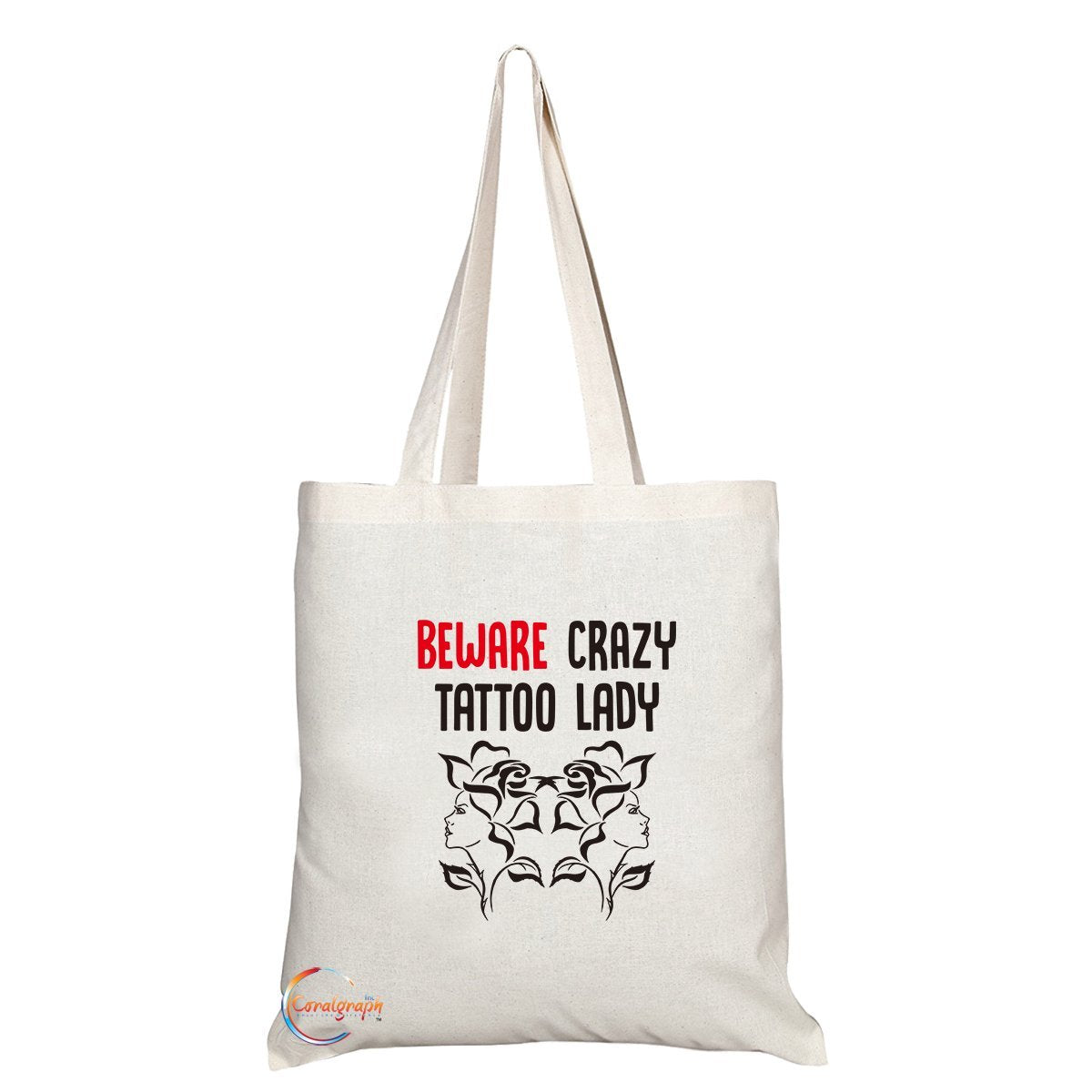 TB210 Beware Crazy Tattoo Lady Novelty Present Gift Printed Eco-Friendly Stylish Long Handled Tote Shoulder Bag