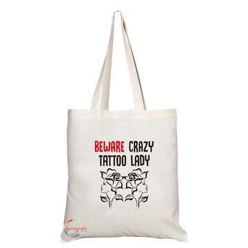 TB210 Beware Crazy Tattoo Lady Novelty Present Gift Printed Eco-Friendly Stylish Long Handled Tote Shoulder Bag